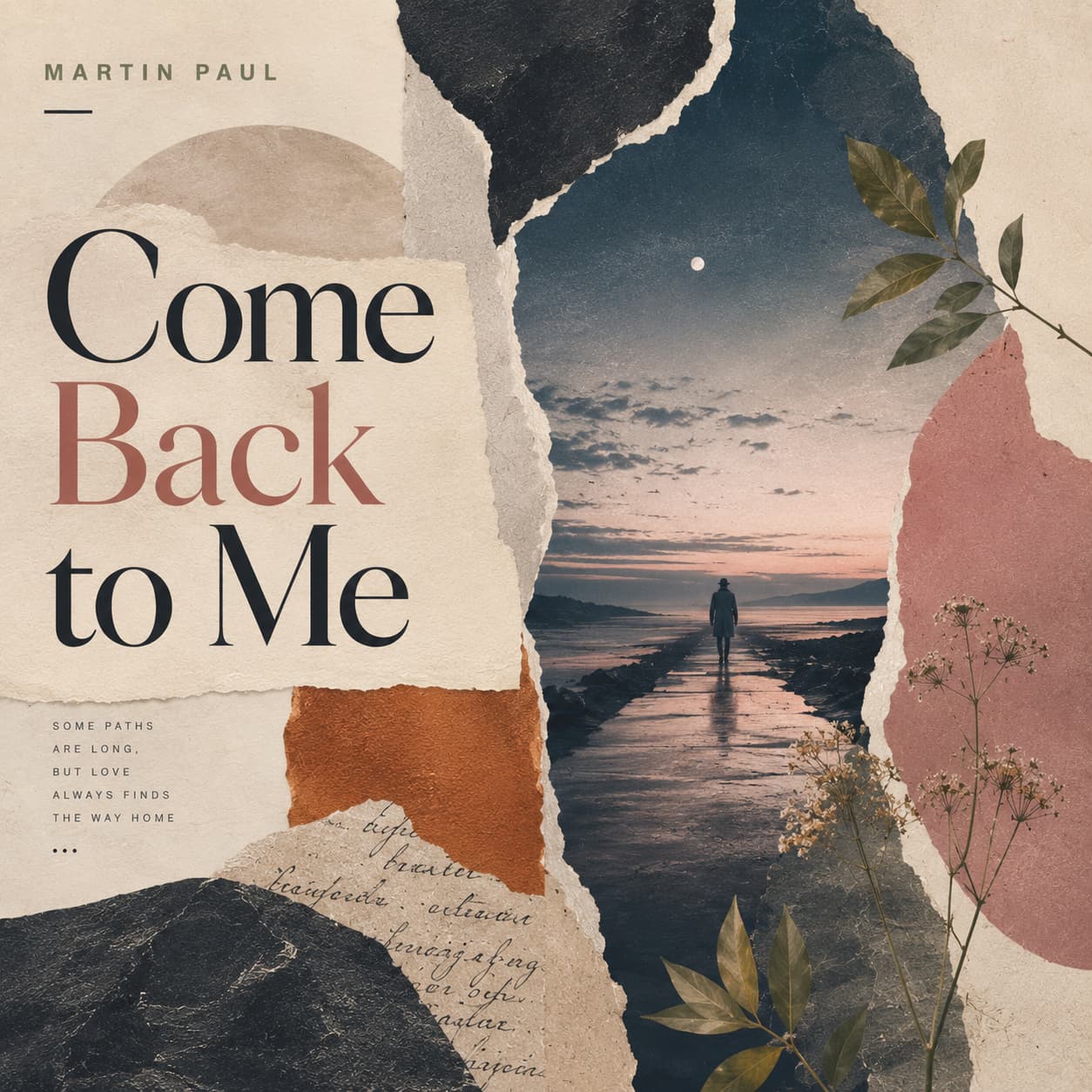 Come Back to Me cover artwork, a torn paper Mediterranean collage looking towards a coastal horizon