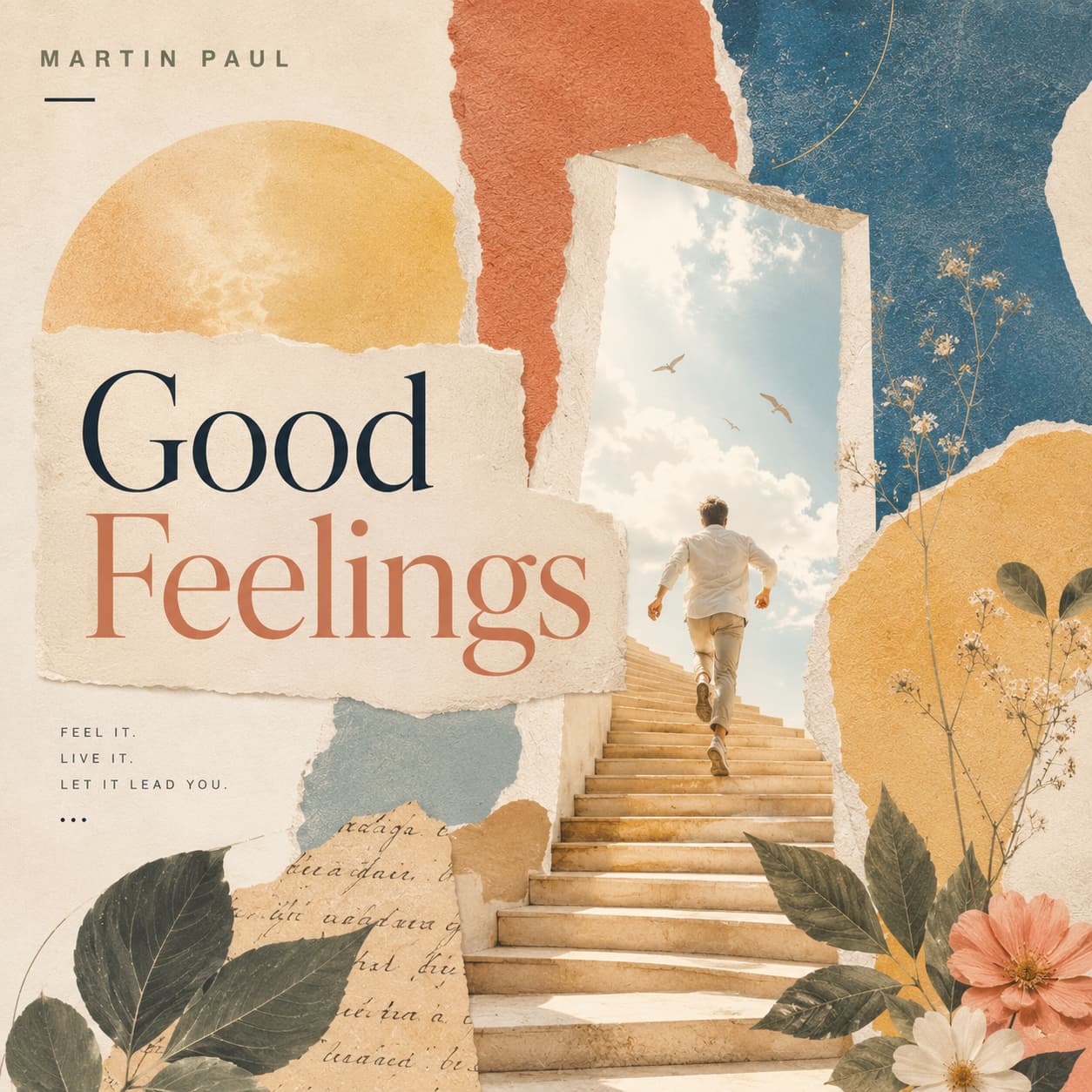 Good Feelings cover artwork, a torn paper Mediterranean collage in golden hour tones