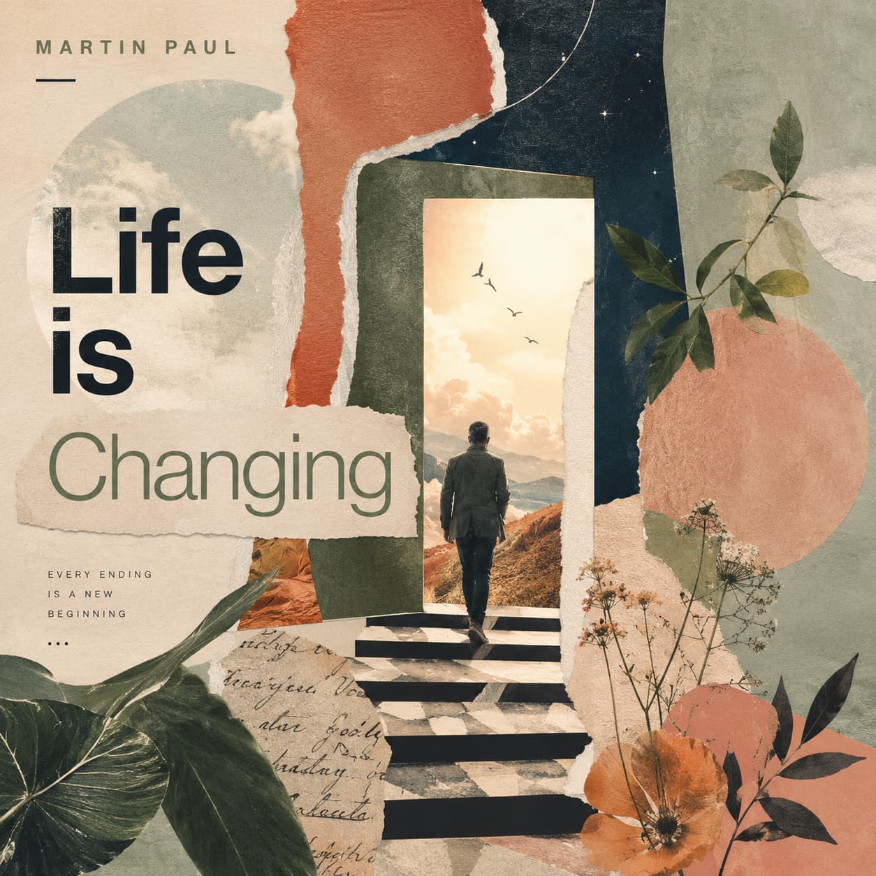 Life is Changing cover artwork, a torn paper Mediterranean collage with a warm dawn atmosphere