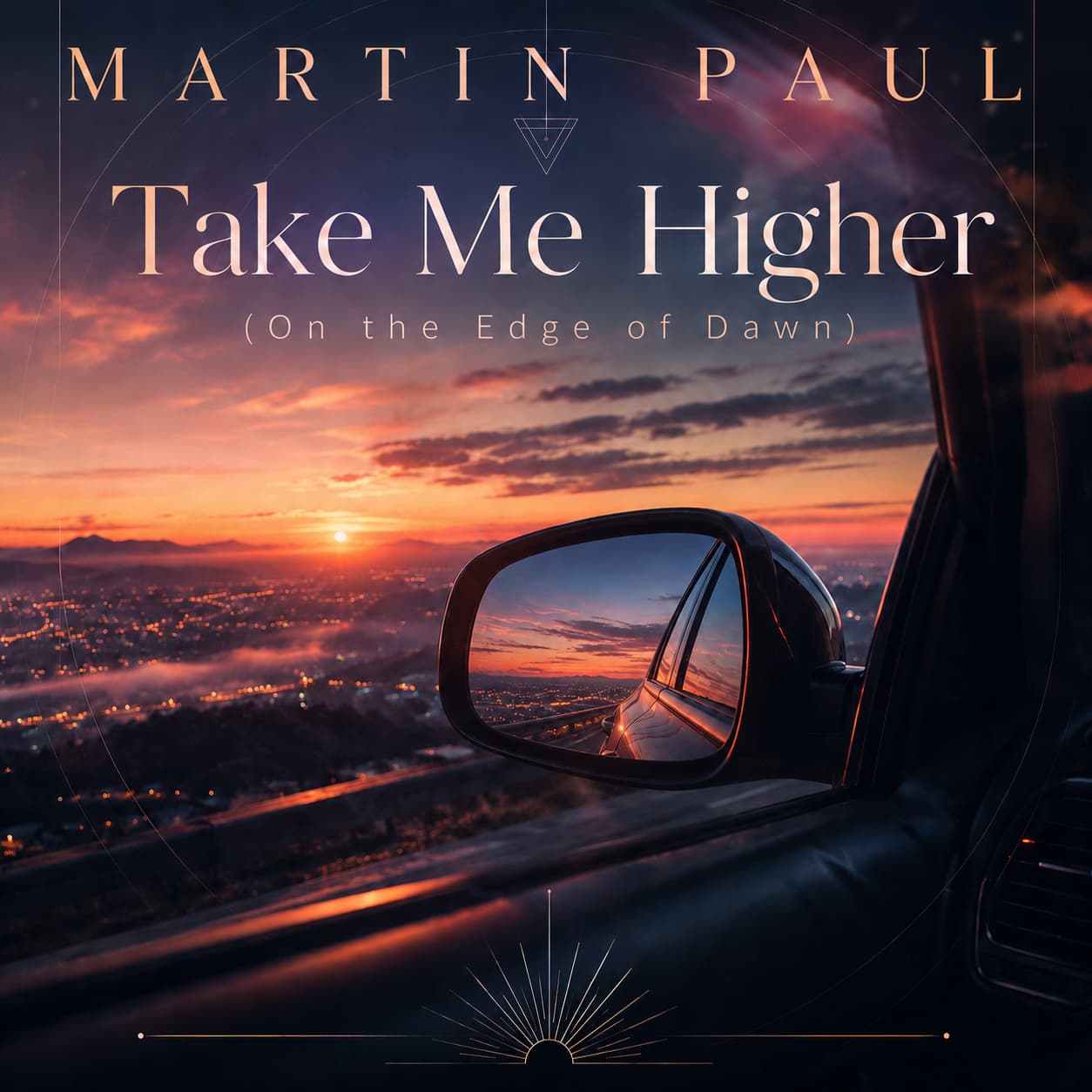 Take Me Higher cover artwork showing a dawn horizon reflected in a car mirror
